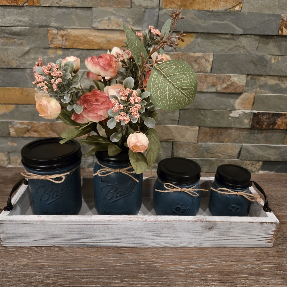 Rustic Blue Mason Jar Set with Flowers